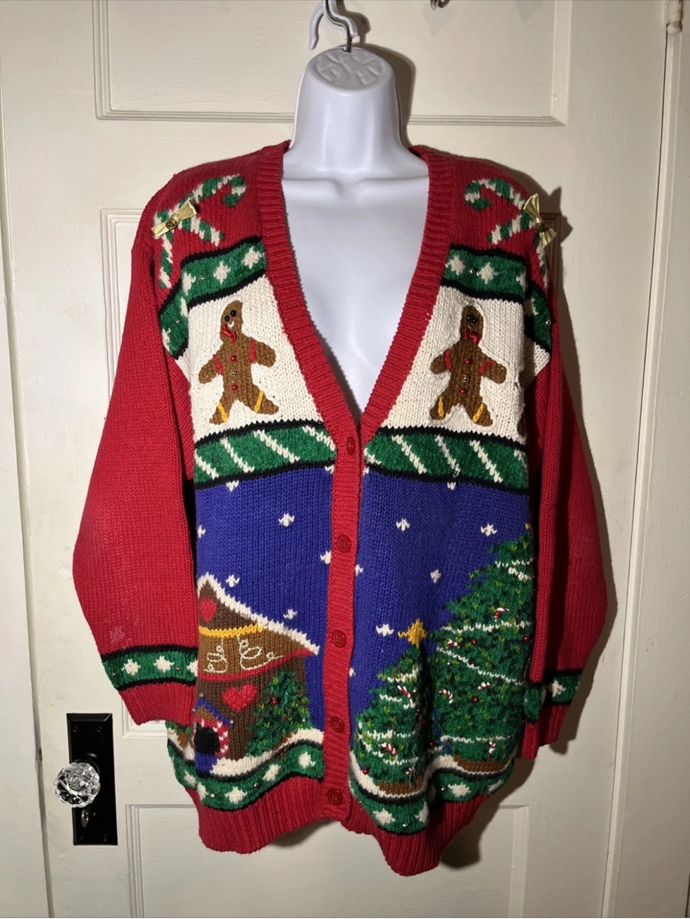 Women’s Ugly Christmas Sweater Cardigan Size Large Jennifer Moore Hand Knitted